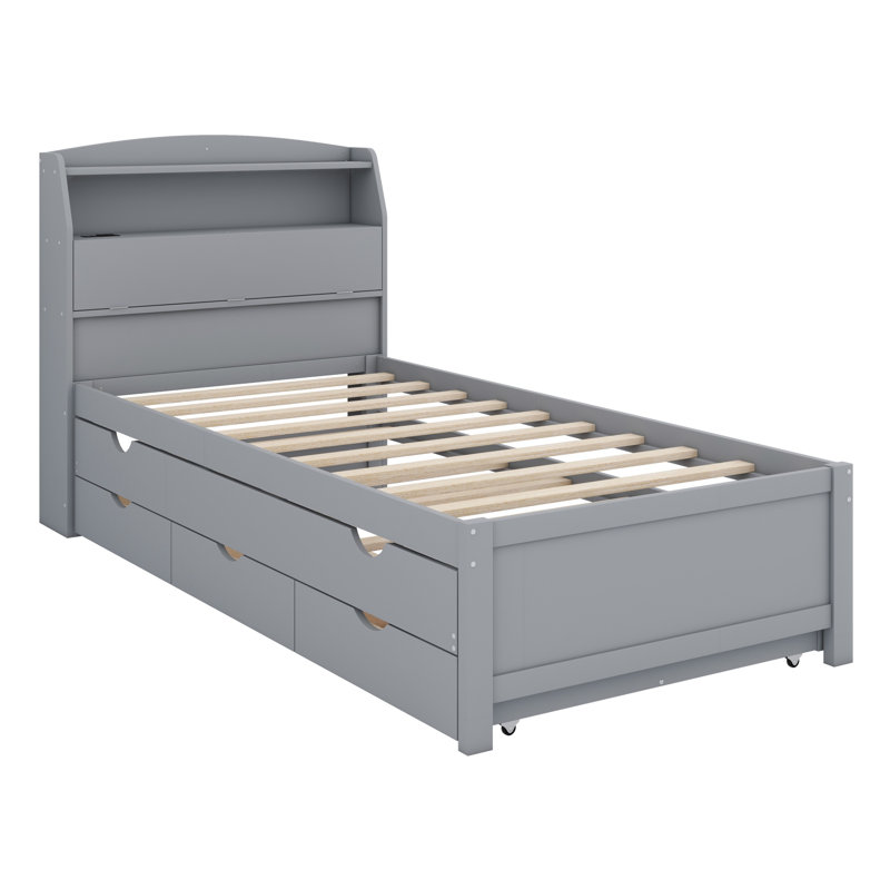 Lit plateforme en bois avec lit gigogne et tête de lit à DEL avec tiroirs, Gris, Lit simple