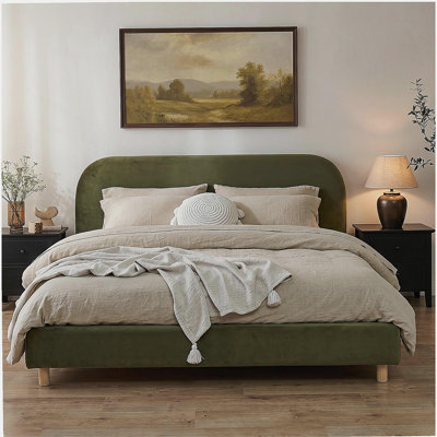 California King Size Upholstered Bed Frame With Velvet Fabric And Curve Design Thick Headboard, Solid Wood Legs, Olive Green