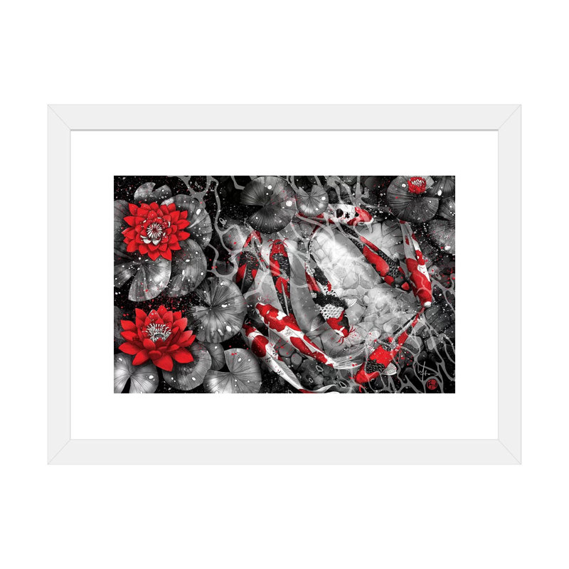 " 9 Kois " by Marine Loup, White Framed Paper, White, 16" H x 24" W x 1" D