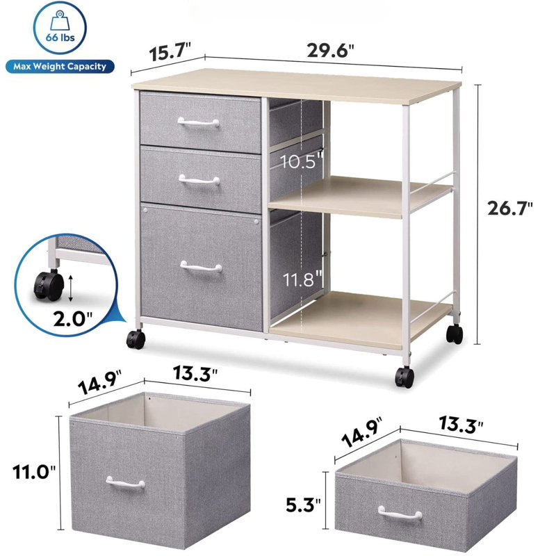 Kaylianna 29.6'' Lateral File Cabinet, Mobile Filing Cabinet With Shelves and Storage Drawers, Home Office Filing Cabinets for A4/Letter/Legal, Printer Cabinet