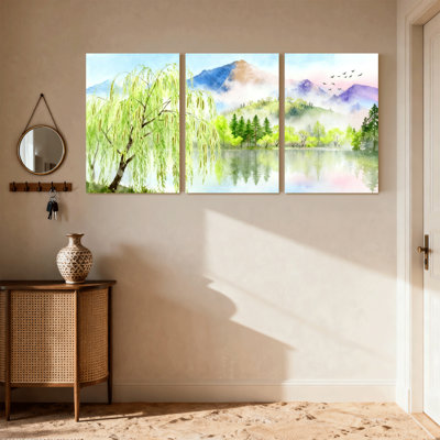 Landscape & Nature Watercolor Landscape With Willow Tree Mountains And Lake Reflection Set of 3 Canvas Wall Art Prints