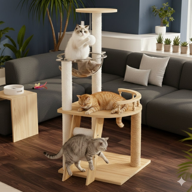 Arbre à chat moderne en bois, d'une hauteur de 41,3 pouces, conçu pour les chats d'intérieur, équipé de poteaux à griffes recouverts de sisal, d'un perchoir supérieur et d'un hamac en acrylique, convient aux petits et aux grands félins