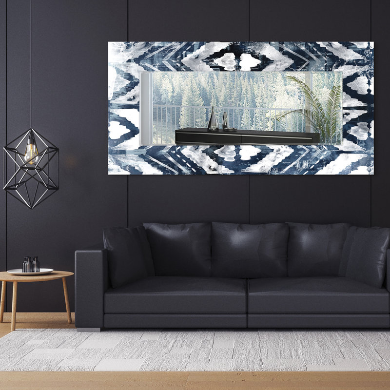 "Indigo Extraction" Rectangular Beveled Mirror on Free Floating Reverse Printed Tempered Art Glass