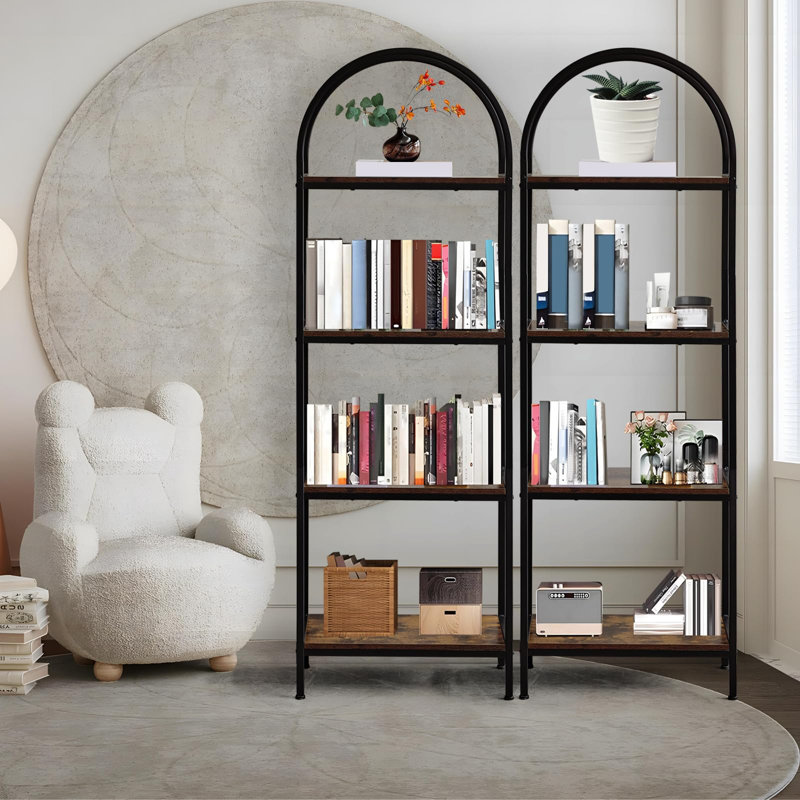 Arched Four Tier Bookshelf Metal Frame Design Tall Standing Open Storage Shelf Modern Display Rack For Bedroom Living Room And Home Office Use
