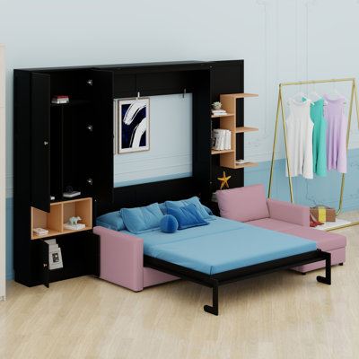 Space Efficient Murphy Bed With Large Sofa, Shelves, Cabinets