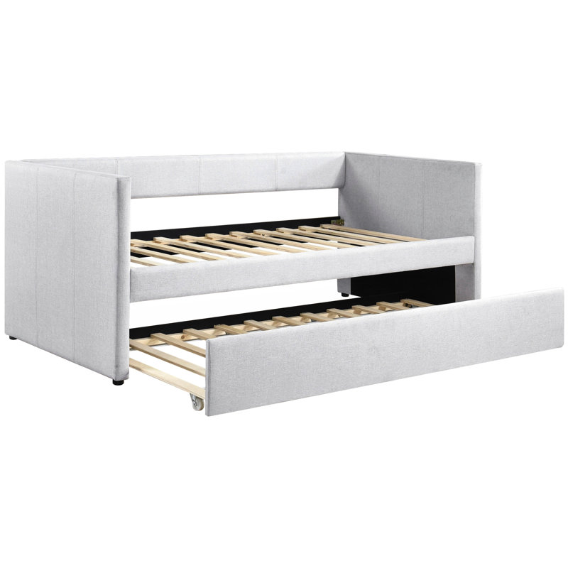 Lit de jour avec couchette en tissu gris, fabrication en bois, couchette moderne, tache calme, Gris