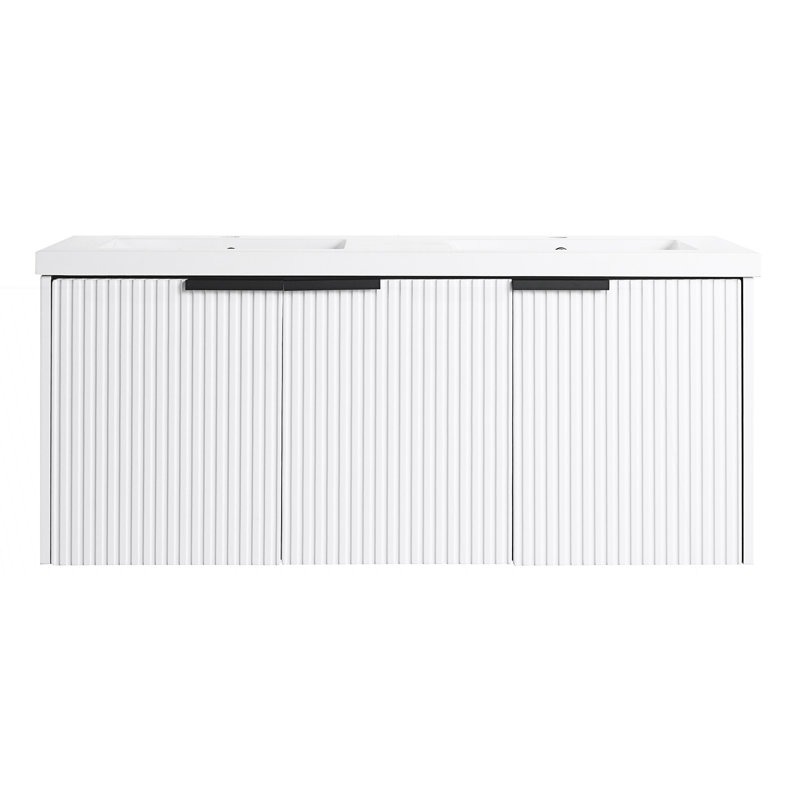 Meuble-lavabo mural avec lavabo double en résine et 3 portes à fermeture en douceur, Blanc