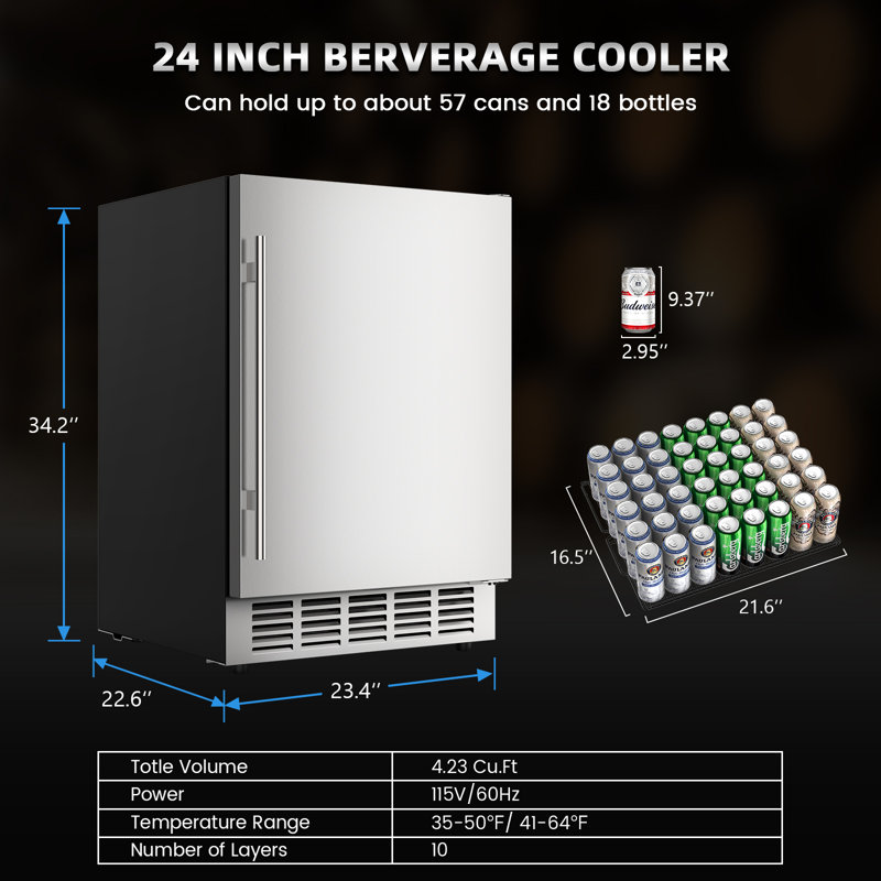 LINKEWODE 23.4'' W 190 Cans (12 oz.) 5.29 Cubic Feet Outdoor Rated Beverage Cooler, Black/Stainless Steel
