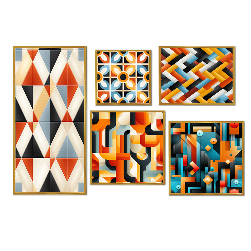 Daiceon - Geometric Wall Art Living Room Set Of 5, Gold Floater Framed
