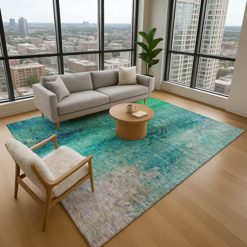 Premium Machine Washable Mayfield AMF2241 Abstract Rug, Teal, 9' x 12'