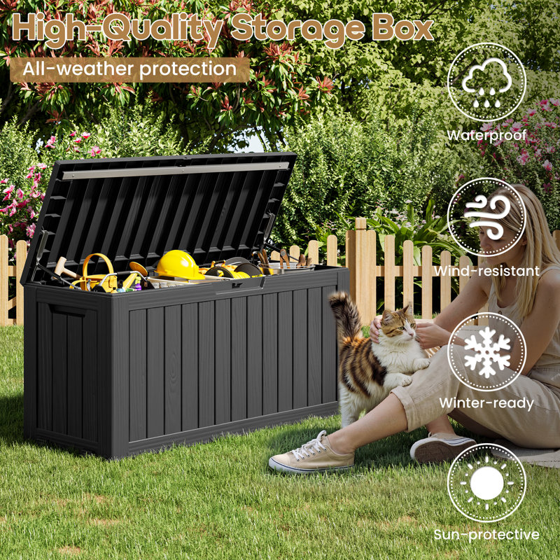 Boîte de rangement extérieure en résine avec couvercle à fermeture en douceur hydraulique - Grand coffre de terrasse verrouillable et imperméable avec roues et poignées