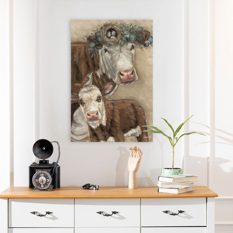 New Tenants - Art contemporain fantaisiste de vaches brunes et blanches, H 24 po x l 16 po