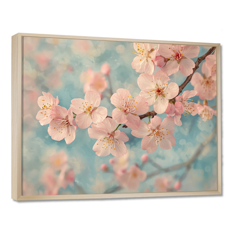 Fleur de cerisier rose au printemps - Art mural fleur de cerisier, H 30 po x l 40 po, Cadre flottant, Natural
