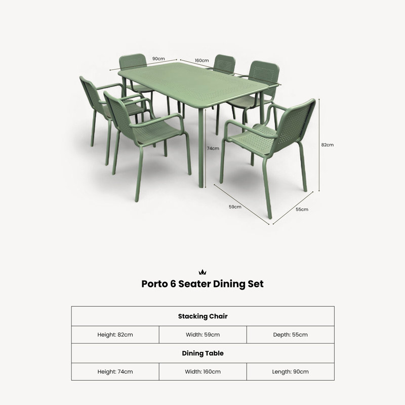 PORTO 6 seater Rectangular dining set - 160x90cm Table Plus 6 Stacking chairs, Green