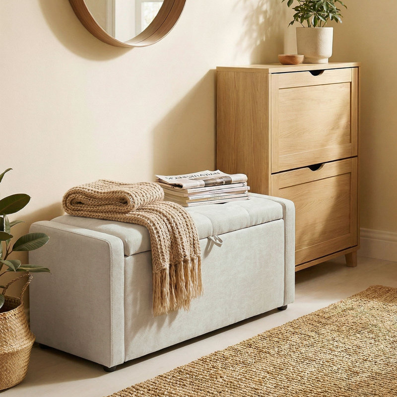 Banc de rangement avec repose-pieds, repose-pieds avec siège rembourré large, blanc crème, Crème