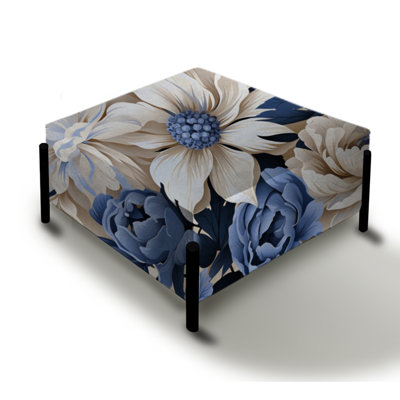 Beige And Blue Farmhouse Floral Pattern I - Floral Large Square Ottoman