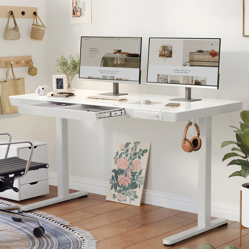 Tempered Glass Top Height Adjustable Standing Desk, Computer Desk with Drawer and USB Charge, 46.5" H x 55" W x 24" D, White