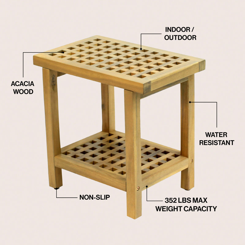 Armin 18" Modern Light Teak Acacia Wood Shower Stool with Storage Shelf, Heavy Duty Slatted Bath Spa Bench for Bathroom, Shower & Entryway