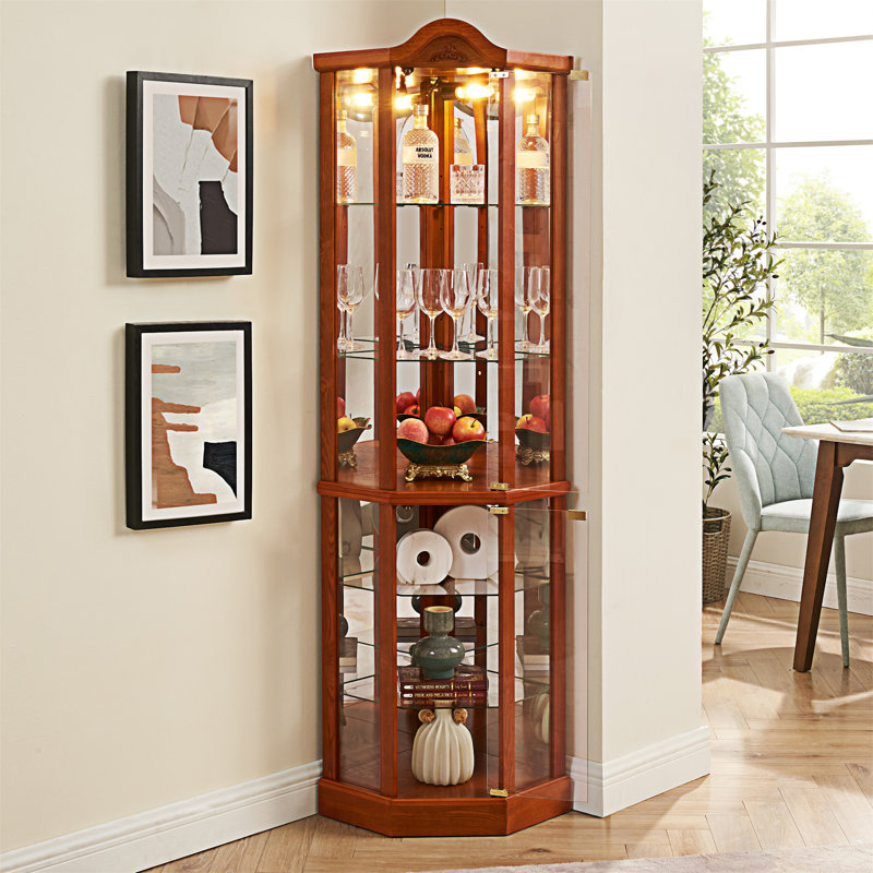 Oak Lighted Glass Corner Display Curio Cabinet