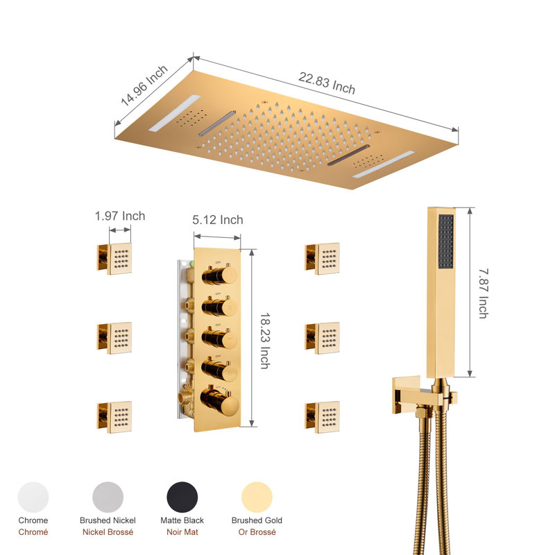Luxury Gold Ceiling Mounted Dual Shower System with LED and Bluetooth Speaker