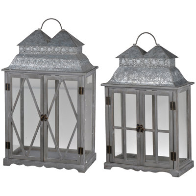 Set of 2 Silver Scape Fir Wood & Glass Patio Lanterns with Metal Roof