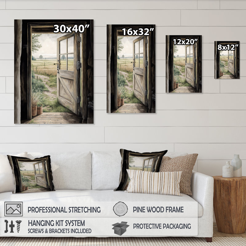 «View From A Cottage Country Door IV - Farm Landscape», art mural sur toile, Cadre photo noir, H 32 po x l 24 po