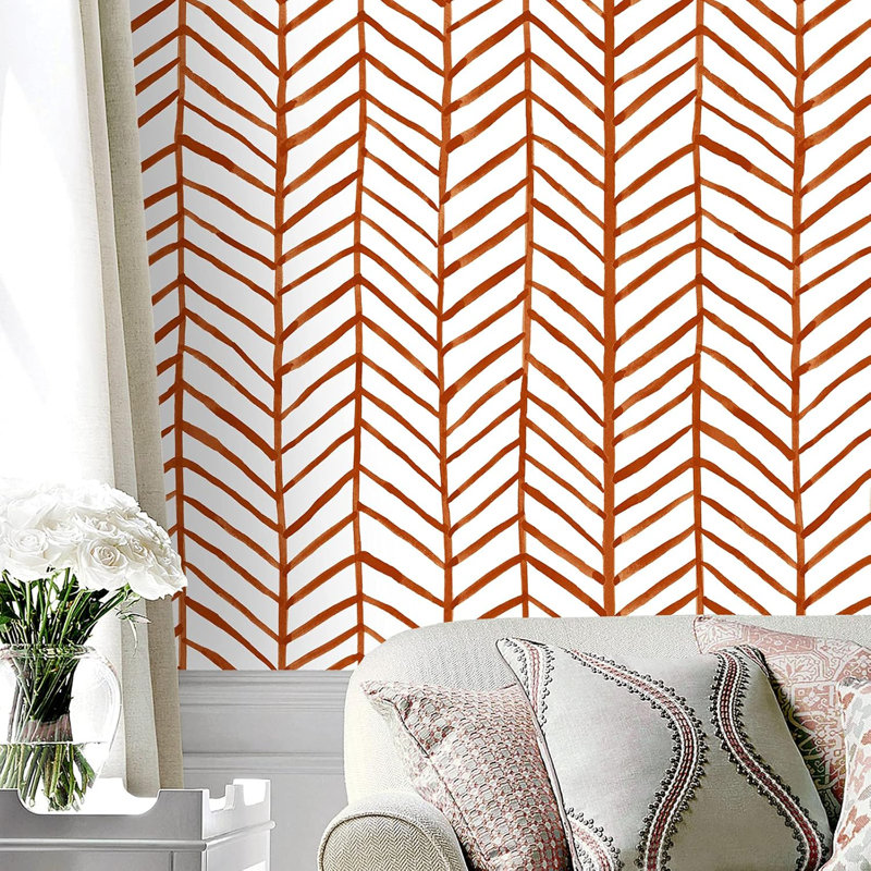 Herringbone Striped Peel And Stick Wallpaper, Self-Adhesive Vinyl Wall Décor (17.7In X 9.8Ft, Orange/White)