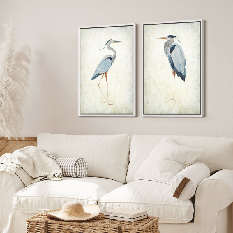 Blue Heron Bird Portrait Coastal Beach Decor - Framed Canvas Master Bedroom Wall Art Set 2 Print, White, 36" H x 24" W