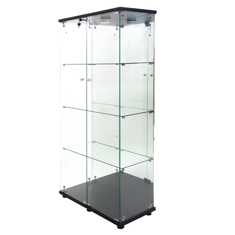 4-Shelf Glass Display Cabinet With Mirror Back Panel, Glass Display Case Curio Cabinets With 2 Door And Lock Tempered Glass Floor Standing Bookshelf, 65”X 32”X 14”