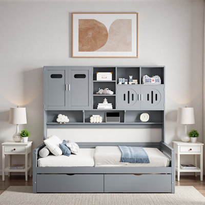 Lit de jour tout-en-un en bois avec 2 tiroirs, armoires et tablettes