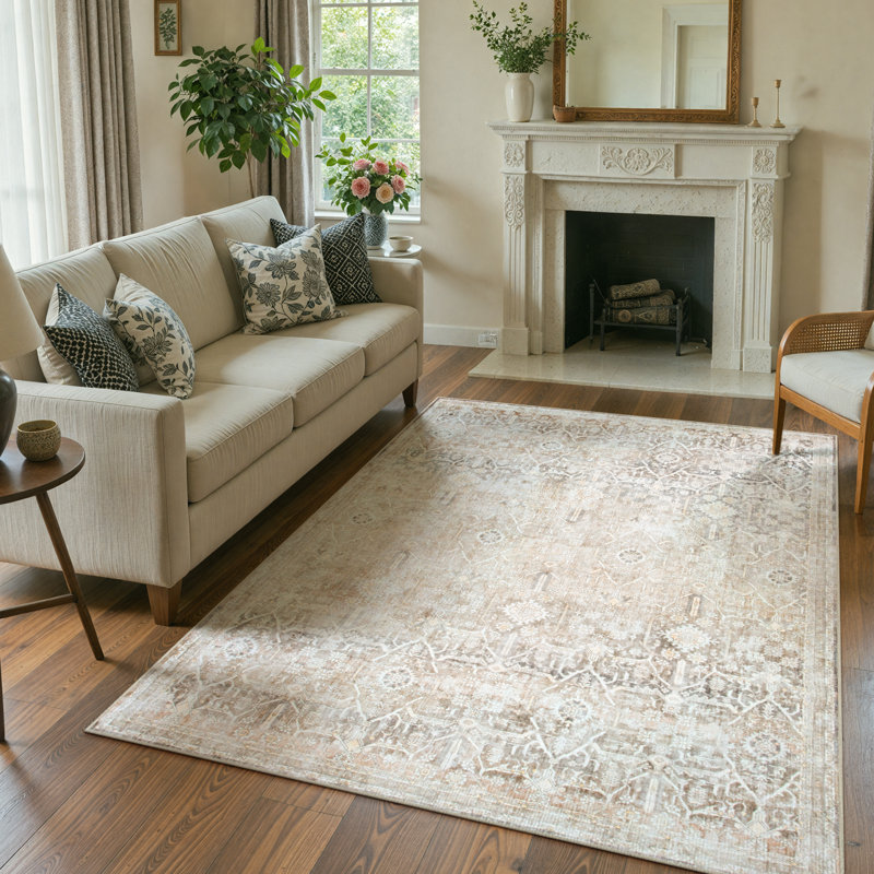 Vintage Tribal Oriental Area Rug with Non-Slip Backing - Distressed Beige Faux Cashmere Washable Rug for Bedroom & Living Room