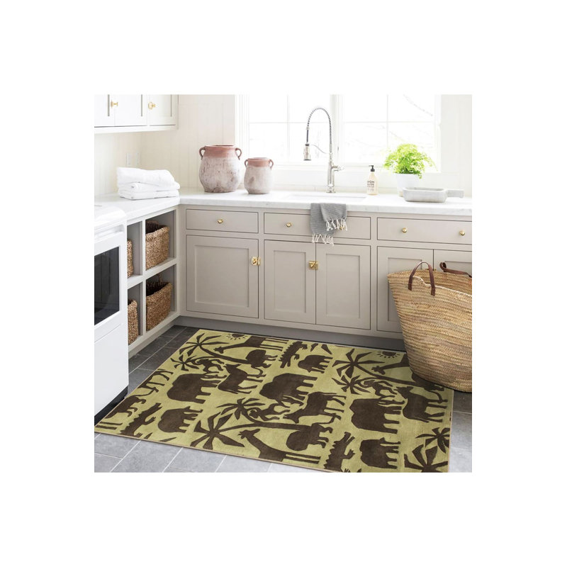 Tapis vert lavable à motif animal sauvage vert et brun, Sous-tapis rectangulaire 2 pi 4 po x 3 pi 11 po