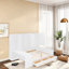 Lit de jour multifonctionnel avec bureau, tablettes, armoires et tiroirs, cadre de lit peu encombrant avec rangement, aménagement réversible, cadre en bois pour la chambre à coucher, appartement, bureau à domicile-112651677-112651678