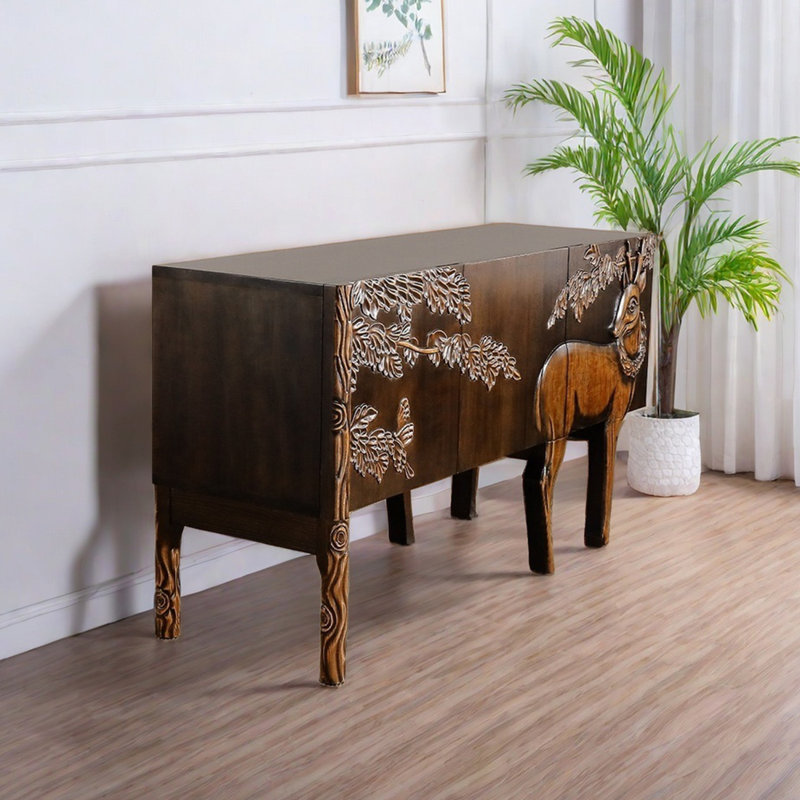 Multi-functional solid wood relief sideboard