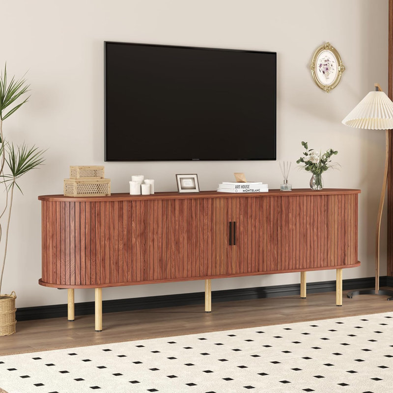 Meuble télé 70,1 po avec portes coulissantes et compartiments de rangement, meuble télé pour salon ou chambre à coucher