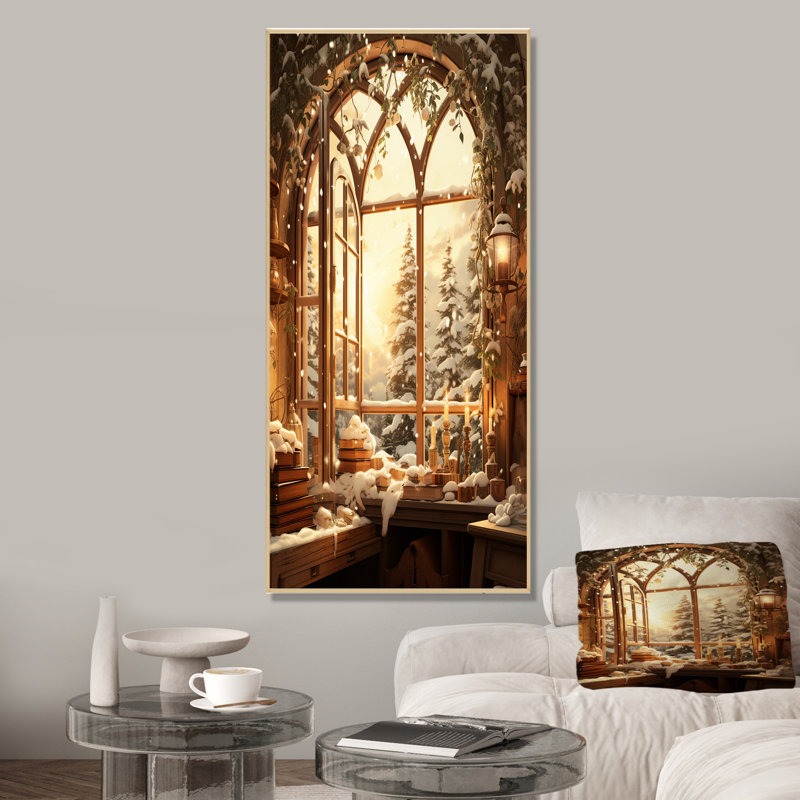 «Christmas Winter Window View I - Winter Landscape», impressions sur toile, Cadre flottant brun, H 60 po x l 28 po x P 1,5 po
