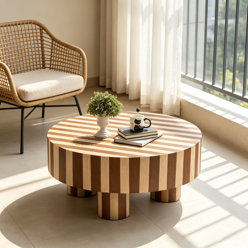 Table basse ronde en bois naturel avec rayures noyer, Naturel, noyer