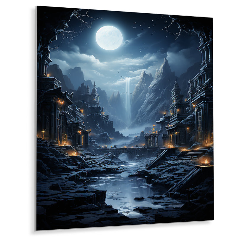 Moonlit Cliffside Mistery Landscape II - lune, art mural en métal, H 20 po x l 12 po x P 1 po