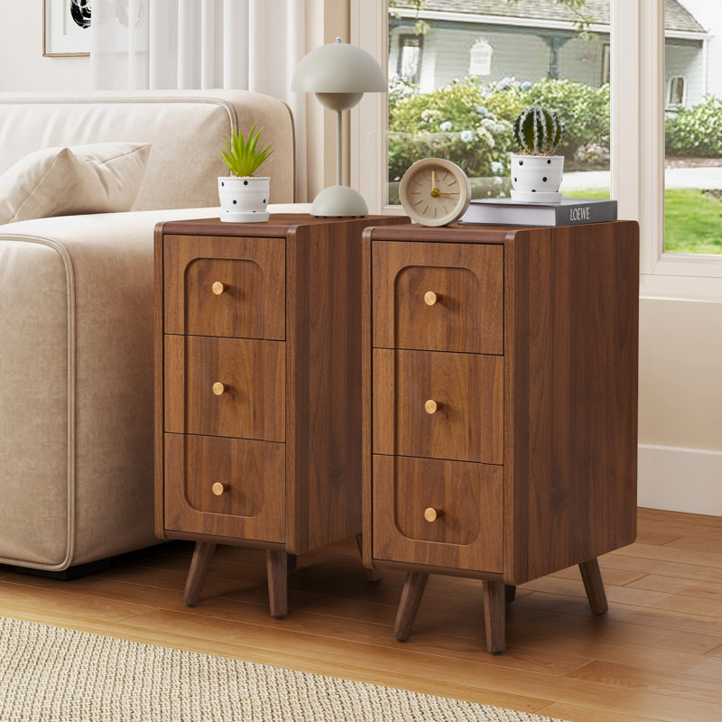 Narrow End Table With 3 Deep Drawers, Brown