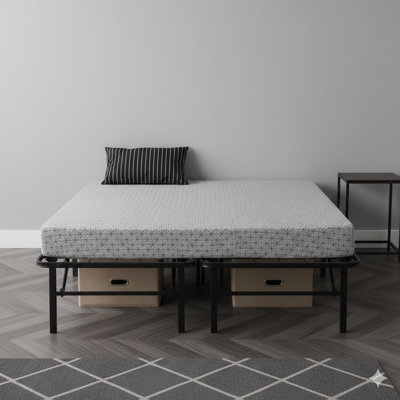 Queen-Sized Folding Metal Platform Bed Frame With 14-Inch Height, Serves As A Box Spring Replacement. Features Heavy-Duty Steel Slats For Easy Assembly And Allows For Under-Bed Storage, In Black.