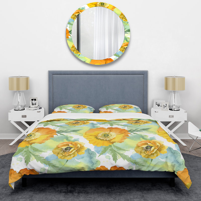 Fleurs de pavot jaunes - ensemble de housse de couette floral - microfibre de polyester