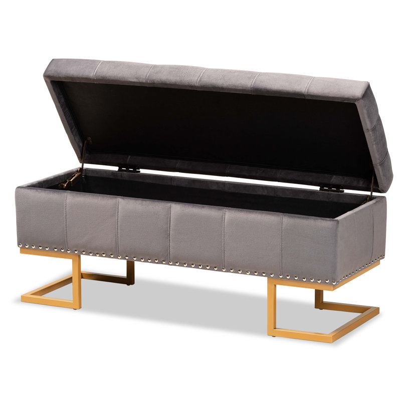 Velvet Tufted Rectangle Solid Colour Ottoman with Storage, Grey