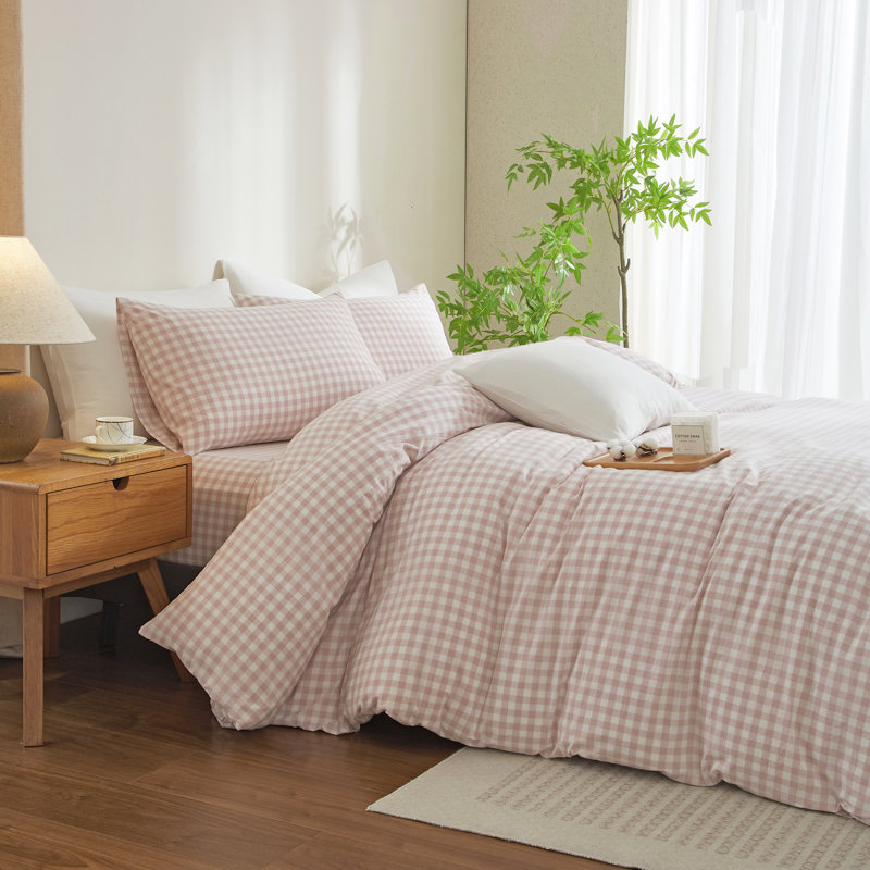 Ensemble de housse de couette en vichy 100% coton délavé à carreaux XINMIANFANG Gingham, Rose/Blanc