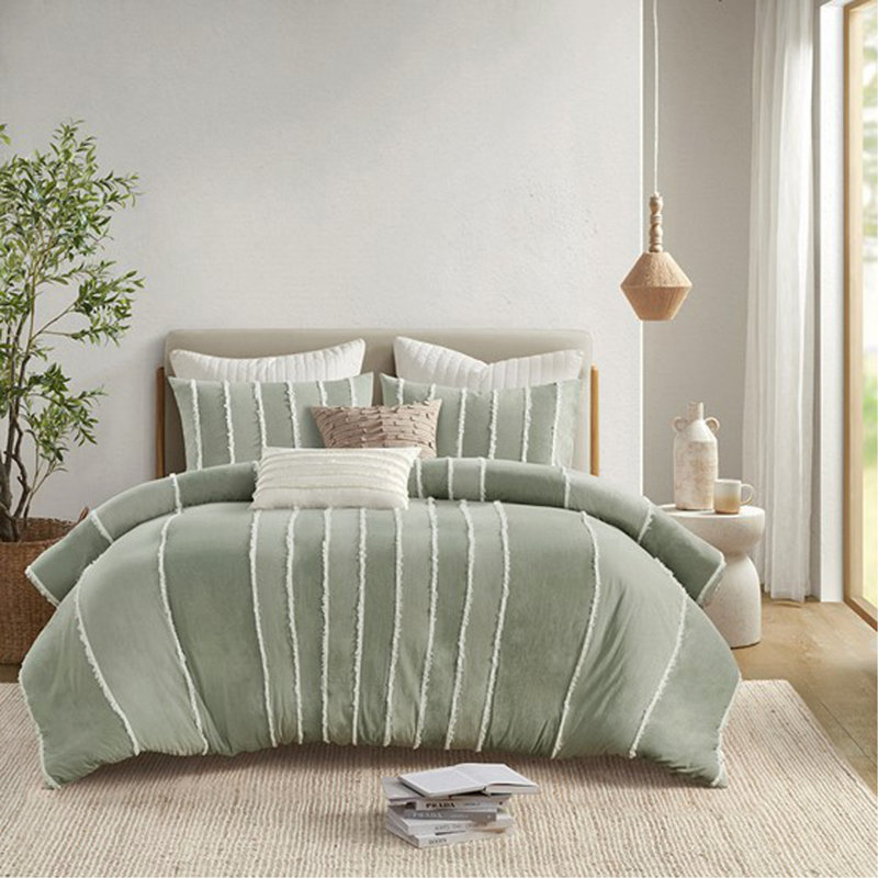 Ensemble de housse de couette en coton rayé pour lit double / grand 3 pièces, Rayures vertes