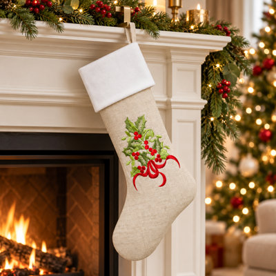 Embroidered Holly Christmas Tree White Cuff Holiday Natural Stocking