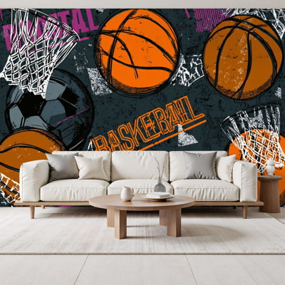Peel and Stick Wallpaper Abstract grunge sport textile basketball modern Extreme boys Wall Murals 100"H x 144"W Removable PVC Wall Paper Self-Adhesive Wall Paintings Art Decor for Kids Bedroom Living Room Nursery Office