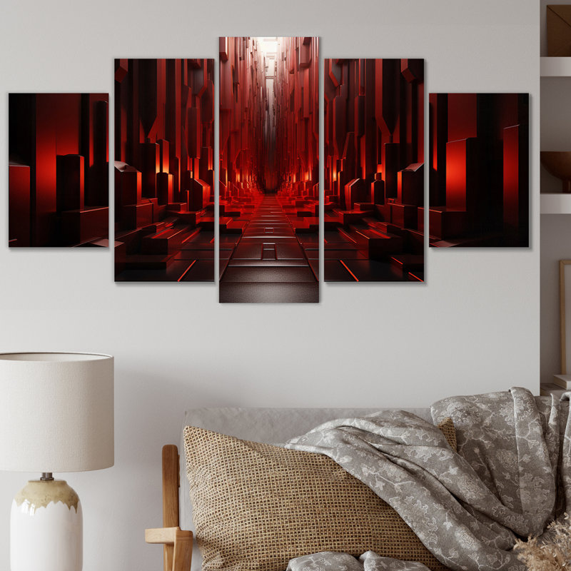 " Abstract Square Red Wood Tunnel I " 5 - Pieces
