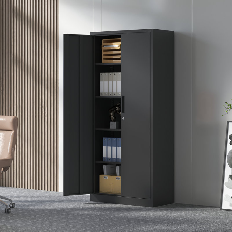 Armoire de rangement en métal 72 po H, armoire verrouillable en acier à outils noir avec portes et 4 tablettes, grands classeurs pour systèmes de rangement de garage