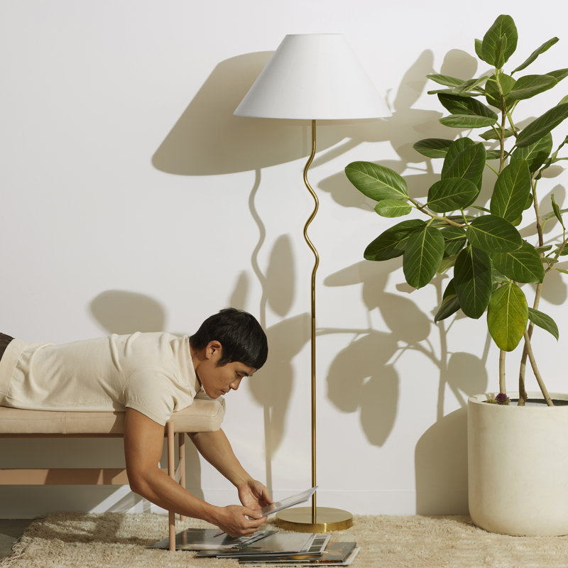 Squiggle Brass 62" Floor Lamp with Ivory Empire Shade