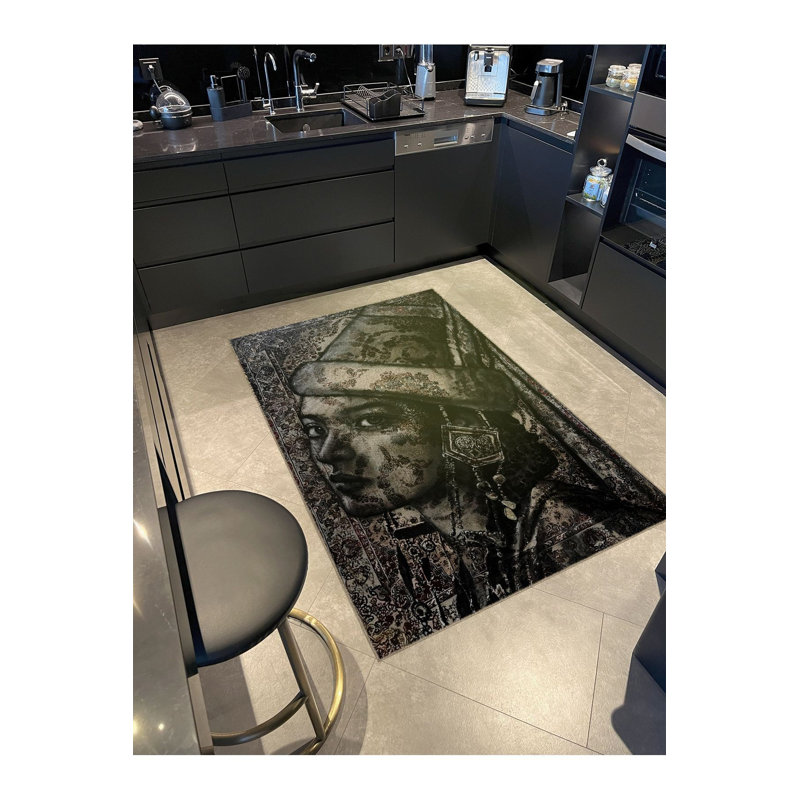 Tapis noir lavable à motif tissé noir, Sous-tapis carré 3 pi 3 po inclus